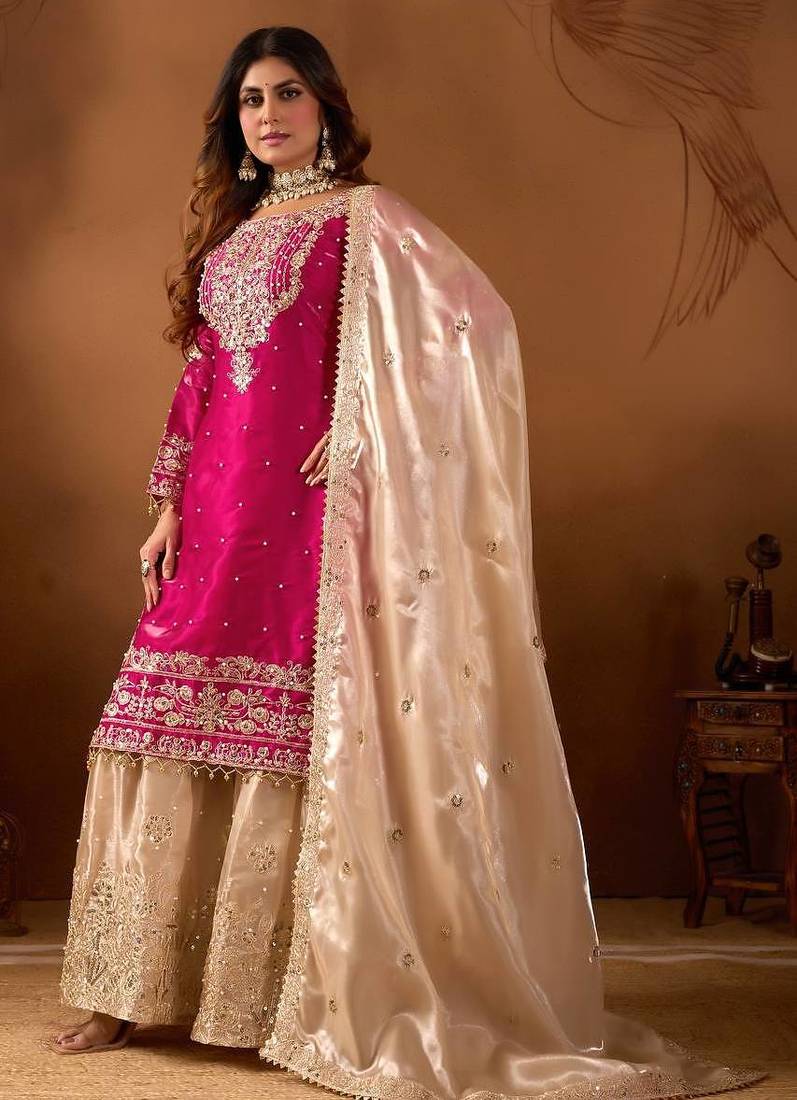 Rani Pink & Cream Heavy Silk Embroidered Palazzo Suit 