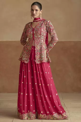 Pink chinon silk embroidered designer plazzo suit