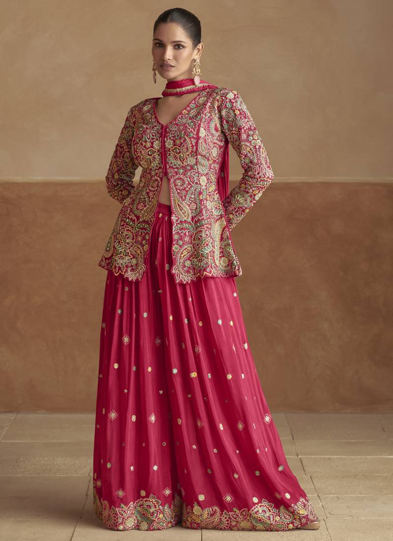 Pink chinon silk embroidered designer plazzo suit