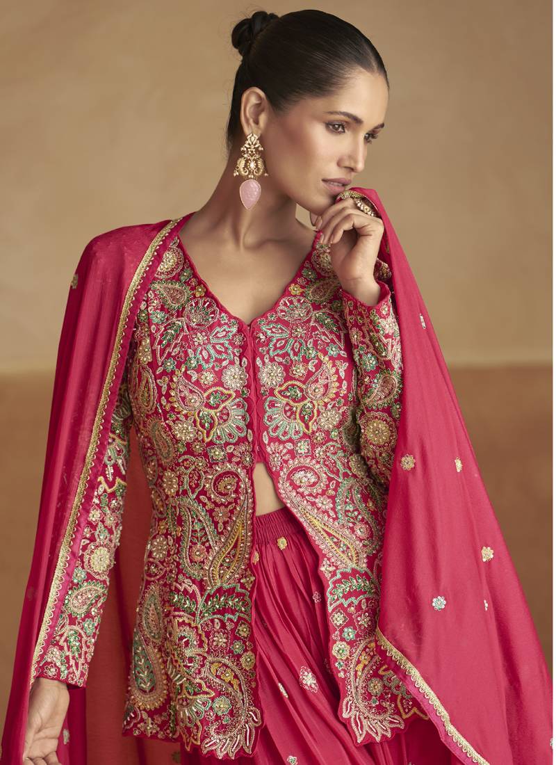 Pink chinon silk embroidered designer plazzo suit