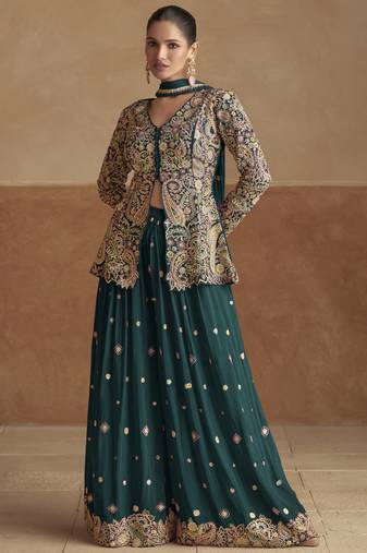 Aqua green pink chinon silk embroidered designer plazzo suit