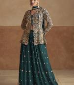 Aqua green pink chinon silk embroidered designer Palazzo suit