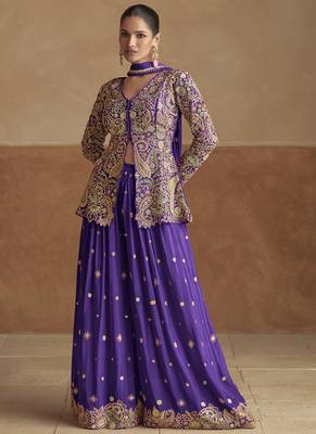 Violet pink chinon silk embroidered designer Palazzo suit 1