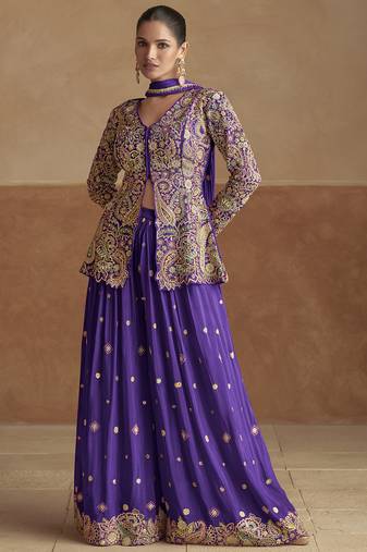 Violet pink chinon silk embroidered designer plazzo suit