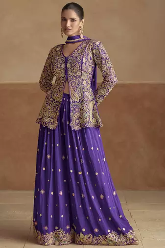 Violet pink chinon silk embroidered designer Palazzo suit