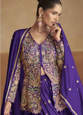 Violet pink chinon silk embroidered designer Palazzo suit 2