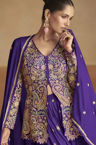 Violet pink chinon silk embroidered designer Palazzo suit