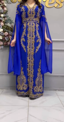 Royal Blue Moroccan Embroidered Stitched Kaftan with Heavy Golden Handwork & Front-Open Design 1