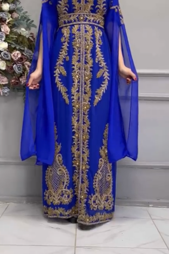 Royal Blue Moroccan Embroidered Stitched Kaftan with Heavy Golden Handwork & Front-Open Design