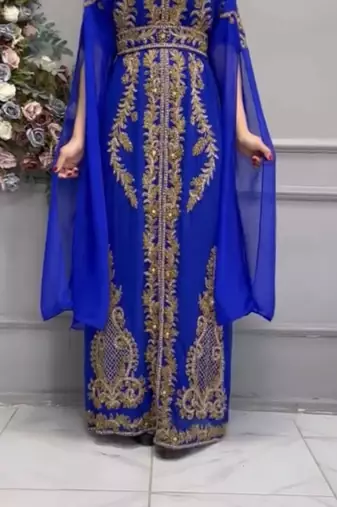Royal Blue Moroccan Embroidered Stitched Kaftan with Heavy Golden Handwork & Front-Open Design