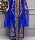 Royal Blue Moroccan Embroidered Stitched Kaftan with Heavy Golden Handwork & Front-Open Design