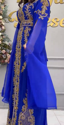 Royal Blue Moroccan Embroidered Stitched Kaftan with Heavy Golden Handwork & Front-Open Design 2