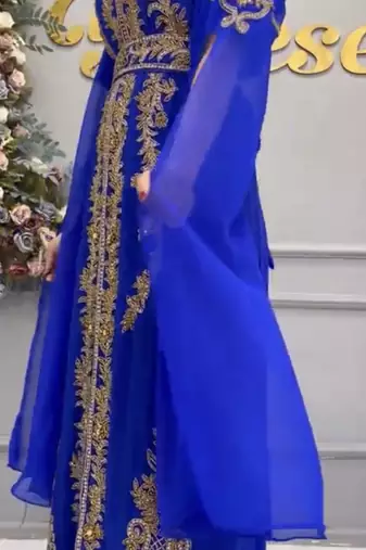 Royal Blue Moroccan Embroidered Stitched Kaftan with Heavy Golden Handwork & Front-Open Design