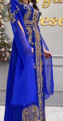 Royal Blue Moroccan Embroidered Stitched Kaftan with Heavy Golden Handwork & Front-Open Design 3