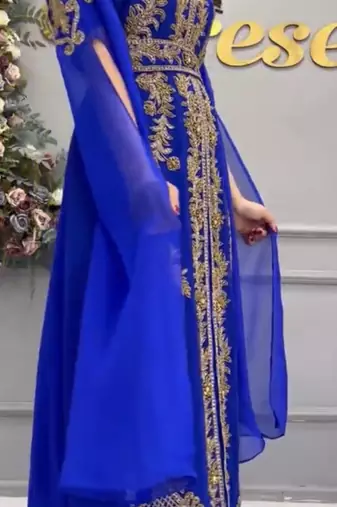 Royal Blue Moroccan Embroidered Stitched Kaftan with Heavy Golden Handwork & Front-Open Design