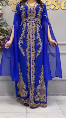Royal Blue Moroccan Embroidered Stitched Kaftan with Heavy Golden Handwork & Front-Open Design 4