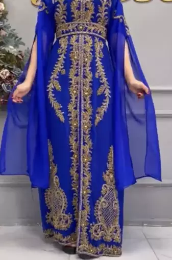 Royal Blue Moroccan Embroidered Stitched Kaftan with Heavy Golden Handwork & Front-Open Design