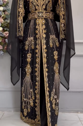 Black Moroccan Kaftan with Heavy Golden Embroidery & Stone Handwork
