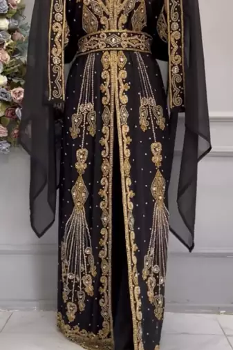 Black Moroccan Kaftan with Heavy Golden Embroidery & Stone Handwork