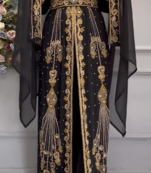 Black Moroccan Kaftan with Heavy Golden Embroidery & Stone Handwork