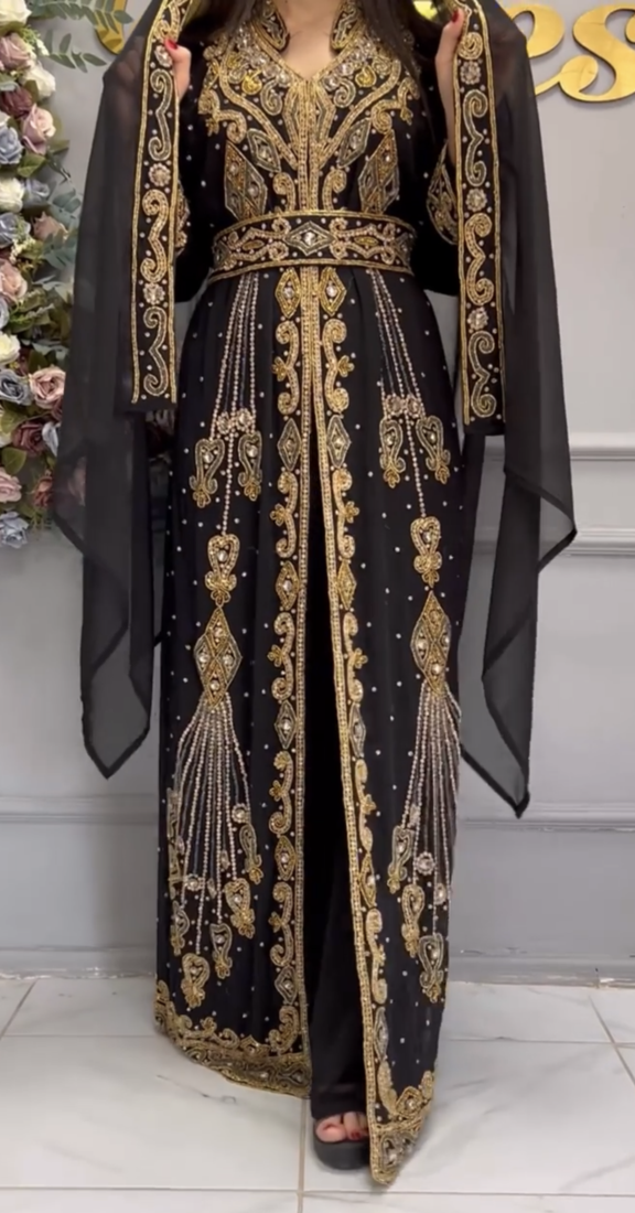 Black Moroccan Kaftan with Heavy Golden Embroidery & Stone Handwork