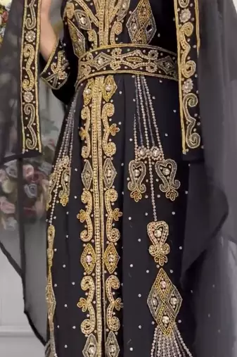 Black Moroccan Kaftan with Heavy Golden Embroidery & Stone Handwork
