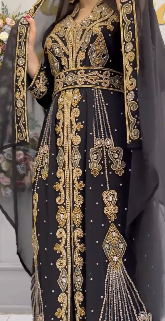 Black Moroccan Kaftan with Heavy Golden Embroidery & Stone Handwork