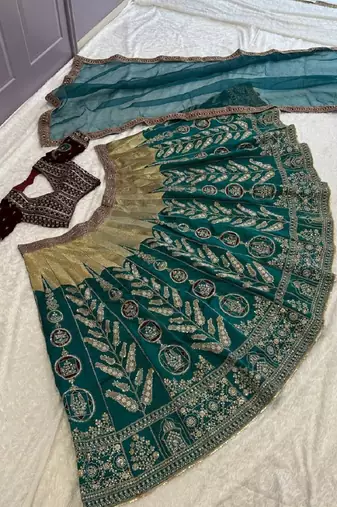 TEAL BLUE Premium Mulmul Silk Lehenga Choli with Heavy Embroidery & Can Can Flair