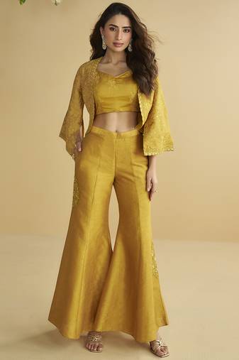 Yellow silk embroidered designer plazzo with jacket