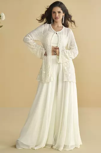 White georgette embroidered designer plazzo with jacket