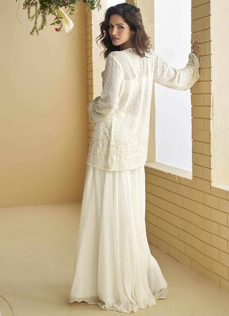 White georgette embroidered designer plazzo with jacket