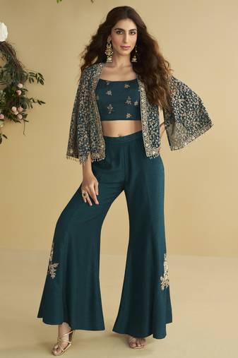 Aqua blue georgette embroidered designer plazzo with jacket