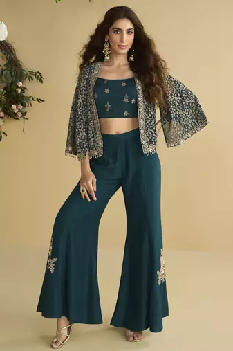 Aqua blue georgette embroidered designer Palazzo with jacket