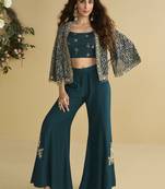 Aqua blue georgette embroidered designer Palazzo with jacket