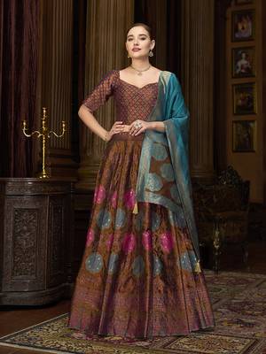 Brown Color Kanjiwaram silk blend Jacquard Lehenga Choli 1