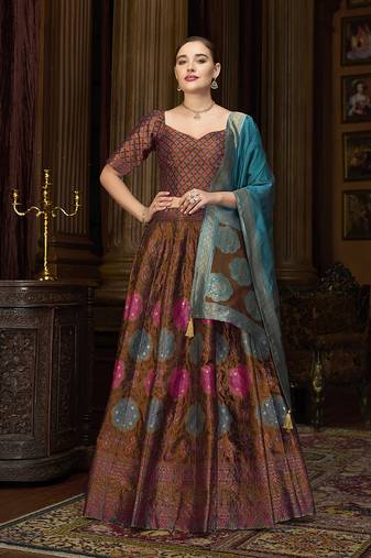 Brown Color Kanjiwaram Silk Jacquard Designer Lehenga Choli