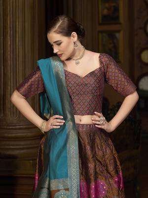 Brown Color Kanjiwaram silk blend Jacquard Lehenga Choli 2