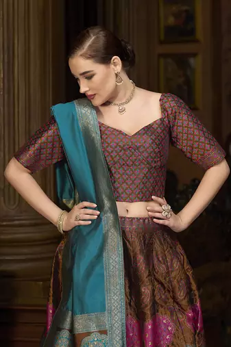 Brown Color Kanjiwaram silk blend Jacquard Lehenga Choli