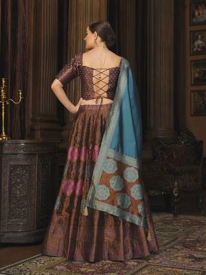 Brown Color Kanjiwaram silk blend Jacquard Lehenga Choli 3