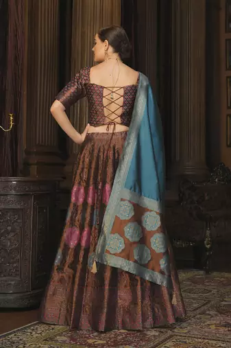 Brown Color Kanjiwaram silk blend Jacquard Lehenga Choli