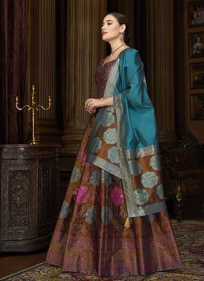 Brown Color Kanjiwaram silk blend Jacquard Lehenga Choli 4