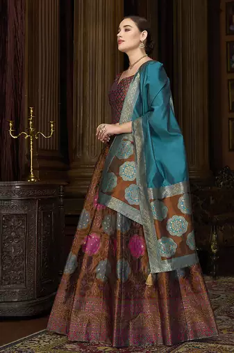 Brown Color Kanjiwaram silk blend Jacquard Lehenga Choli