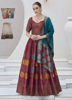 Maroon Color Kanjiwaram silk blend Jacquard Lehenga Choli 1