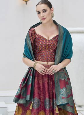 Maroon Color Kanjiwaram silk blend Jacquard Lehenga Choli 2