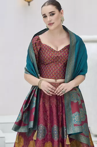 Maroon Color Kanjiwaram silk blend Jacquard Lehenga Choli