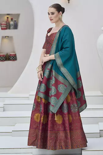 Maroon Color Kanjiwaram silk blend Jacquard Lehenga Choli