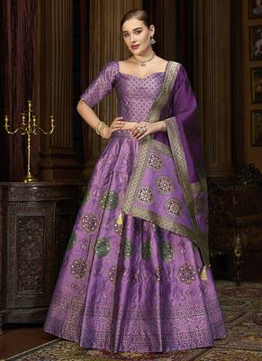 Purple Color Kanjiwaram silk blend Jacquard Lehenga Choli 1