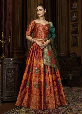 Rust Color Kanjiwaram silk blend Jacquard Lehenga Choli 1