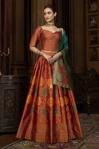 Rust Color Kanjiwaram Silk Jacquard Designer Lehenga Choli