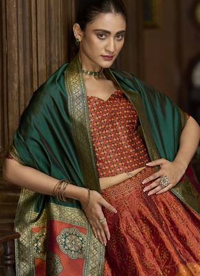 Rust Color Kanjiwaram silk blend Jacquard Lehenga Choli 2